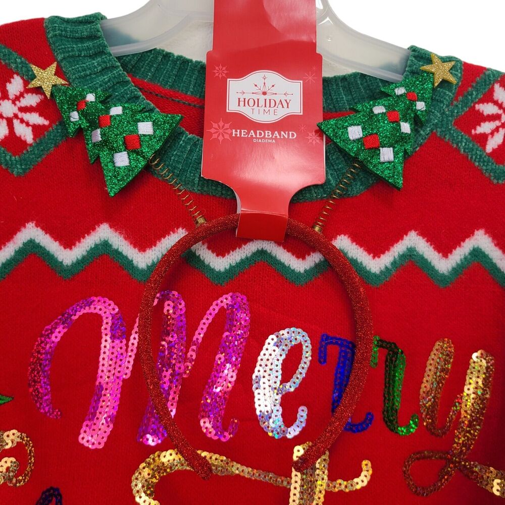Holiday Time Womens Sz Small Holiday Christmas Knit Ugly Sweater Red w Headband - Picture 12 of 12